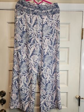 DAHUI HAWAII Linen Blend Women's Blue, Pink,White Tropical Flowy Wide-Leg Pants